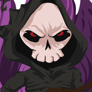 UndeadBaron's logo and avatar, a white skill face with red eyes and wearing a black hooded cloak with purple flames in the background
